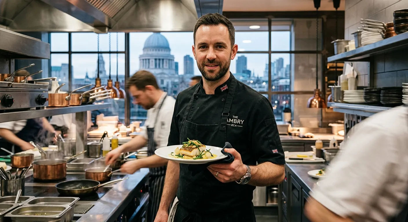 A dynamic, professional shot of a chef in a busy, modern kitchen in London's EC4 district, presenting a finished dish. Style: Authentic, high-energy, with a focus on skill and precision. Mood: Professional, aspirational, and fast-paced.