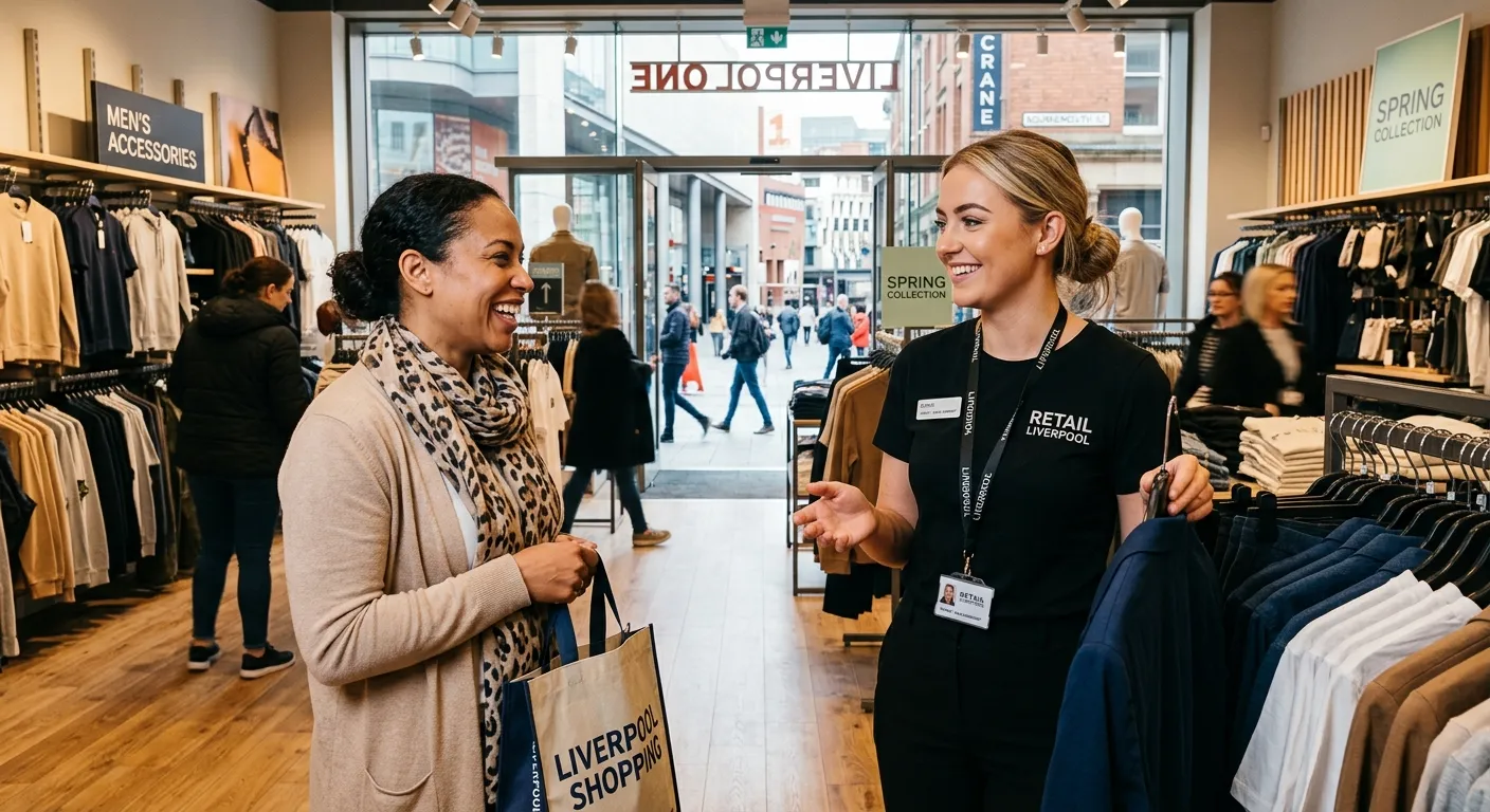 A professional, confident Sales Assistant smiling while assisting a customer in a modern retail environment in Liverpool city centre, with a warm, inviting store atmosphere.
