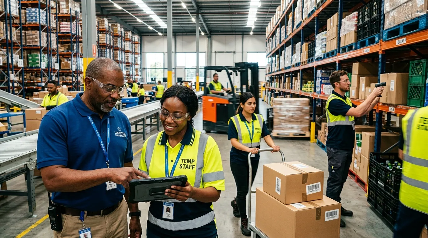 A dynamic, professional hero image showing a diverse team of temporary workers in a modern warehouse setting, with a manager reviewing a tablet. The image should convey action, collaboration, and efficiency, using a vibrant, high-contrast style.