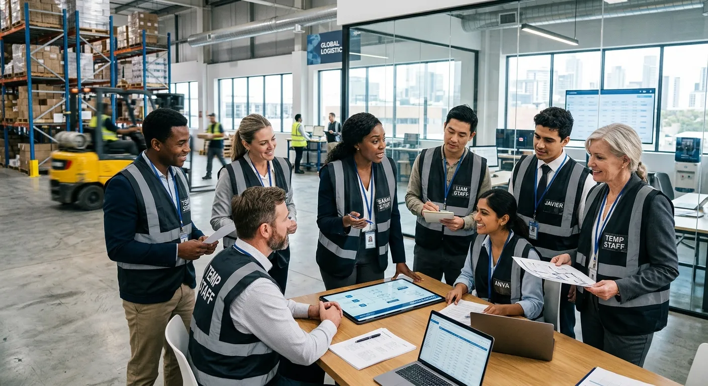 A dynamic, professional photo of a diverse group of temporary workers in high-visibility vests and business attire collaborating in a modern, bright warehouse-office hybrid space. The mood is energetic, efficient, and forward-thinking.