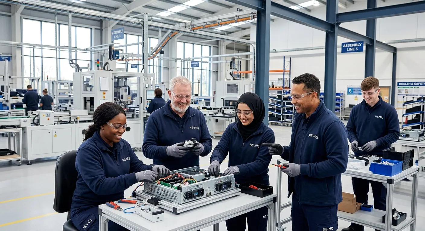 Professional hero image showing a diverse team of factory operatives working collaboratively in a modern, clean, and well-lit industrial facility in the North East, smiling and focused on assembly tasks.