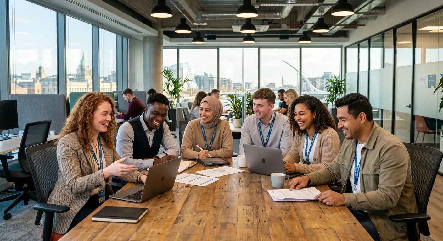 A dynamic, professional photo of a diverse group of temporary workers in a modern Dublin office sett... A dynamic, professional photo of a diverse group of temporary workers in a modern Dublin office setting, smiling and collaborating. The style is bright, energetic, and modern, with the Dublin skyline subtly visible through a window.