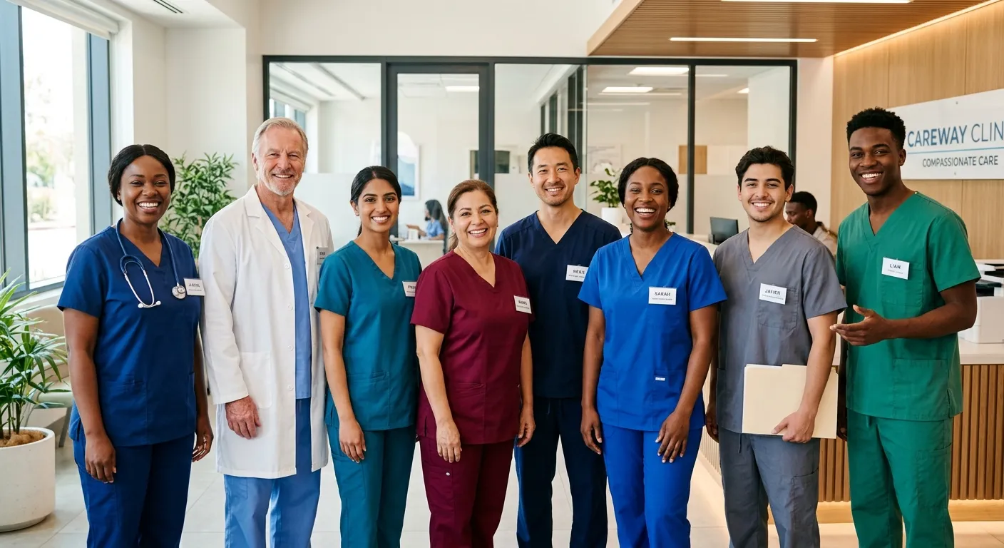 A professional, diverse group of healthcare and care workers in scrubs and uniforms, smiling confidently in a bright, modern clinic or care home setting. Style: Warm, authentic, high-resolution. Mood: Trustworthy, capable, and compassionate.
