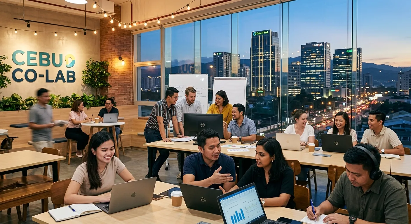 A dynamic, professional photo of Cebu's modern business district skyline blending with a diverse gro... A dynamic, professional photo of Cebu's modern business district skyline blending with a diverse group of professionals working flexibly in a co-working space. Style: Vibrant, inspiring, professional. Mood: Energetic, forward-thinking, collaborative.