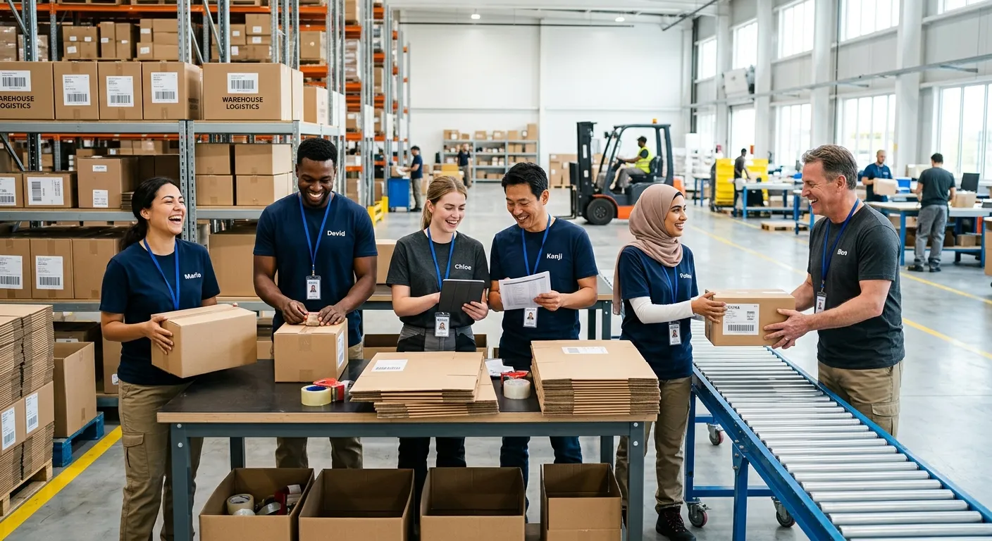 A diverse group of enthusiastic seasonal workers in a bright, modern warehouse setting, smiling and... A diverse group of enthusiastic seasonal workers in a bright, modern warehouse setting, smiling and collaborating. The image should convey energy, reliability, and teamwork. Professional, high-resolution, bright and optimistic mood.