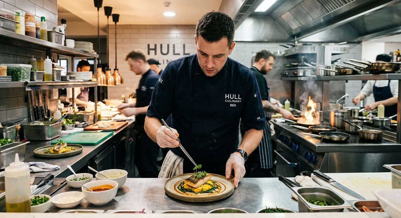 A professional chef in a busy, modern commercial kitchen in Hull, plating a dish with focus and skill. The atmosphere is energetic and clean, showcasing a professional culinary environment.