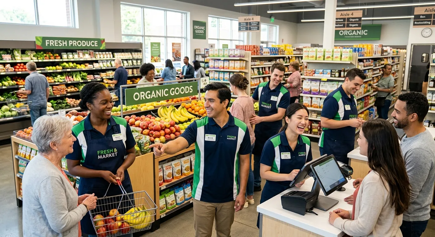 A professional, high-energy photograph of a diverse team of employees in modern retail uniforms collaborating in a bright, well-stocked grocery store environment, smiling and interacting with customers. Style: Bright, welcoming, corporate. Mood: Professional, inclusive, and successful.