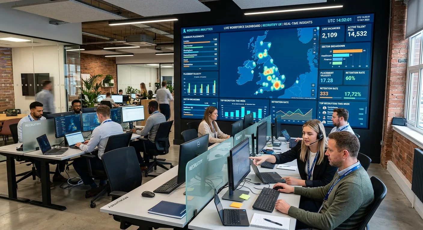 A modern, dynamic office environment blending a professional recruitment agency's control room with a large digital dashboard showing real-time workforce analytics, candidate placements, and UK map with location pins. Professional, energetic, and tech-forward mood.
