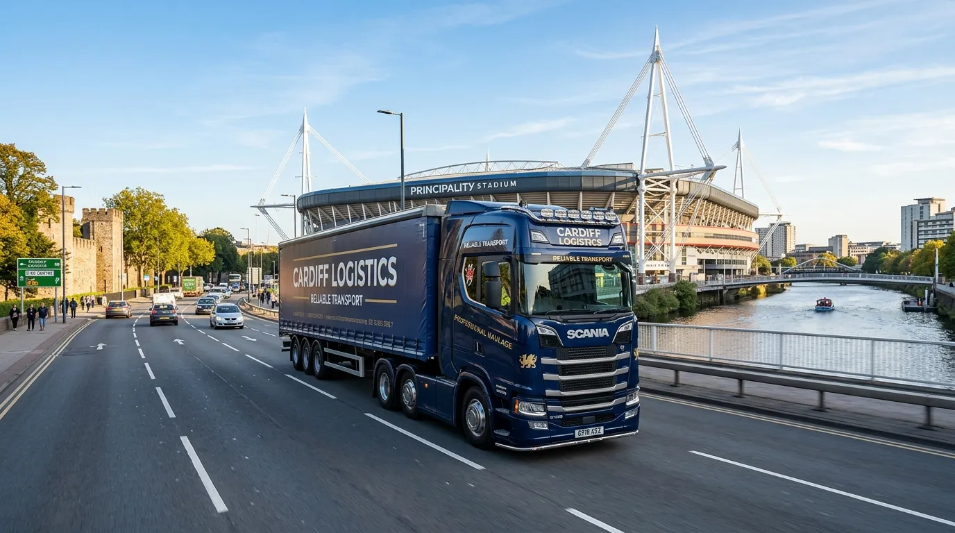 Professional, high-resolution hero image of a modern HGV Class 1 truck driving on a road in Cardiff,... Professional, high-resolution hero image of a modern HGV Class 1 truck driving on a road in Cardiff, with the Principality Stadium visible in the background, under a clear sky. Style: Realistic, inspiring, modern. Mood: Professional, reliable, opportunity.