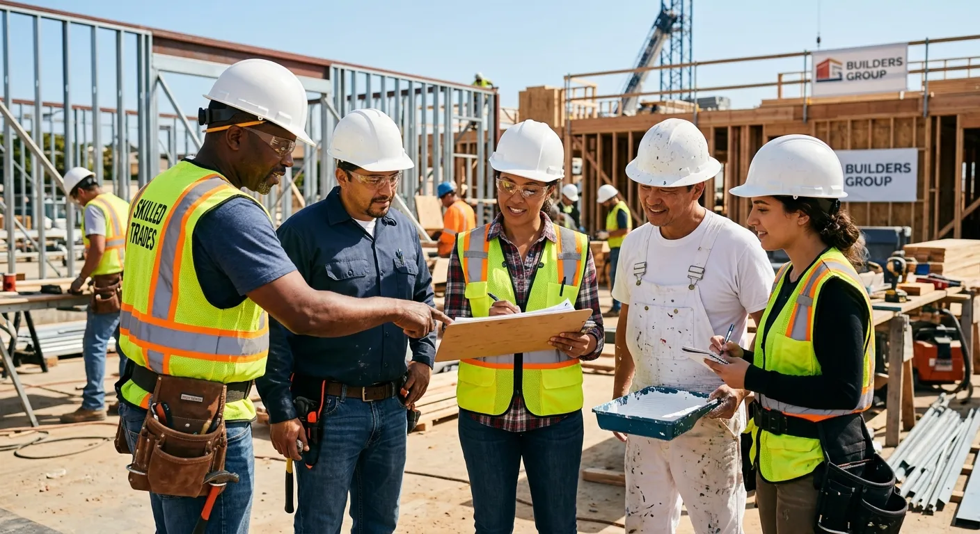 A professional, diverse group of skilled contractors (e.g., carpenter, electrician, painter) gathered around a clipboard on a construction site, looking engaged and trustworthy. Bright, natural lighting, professional mood.