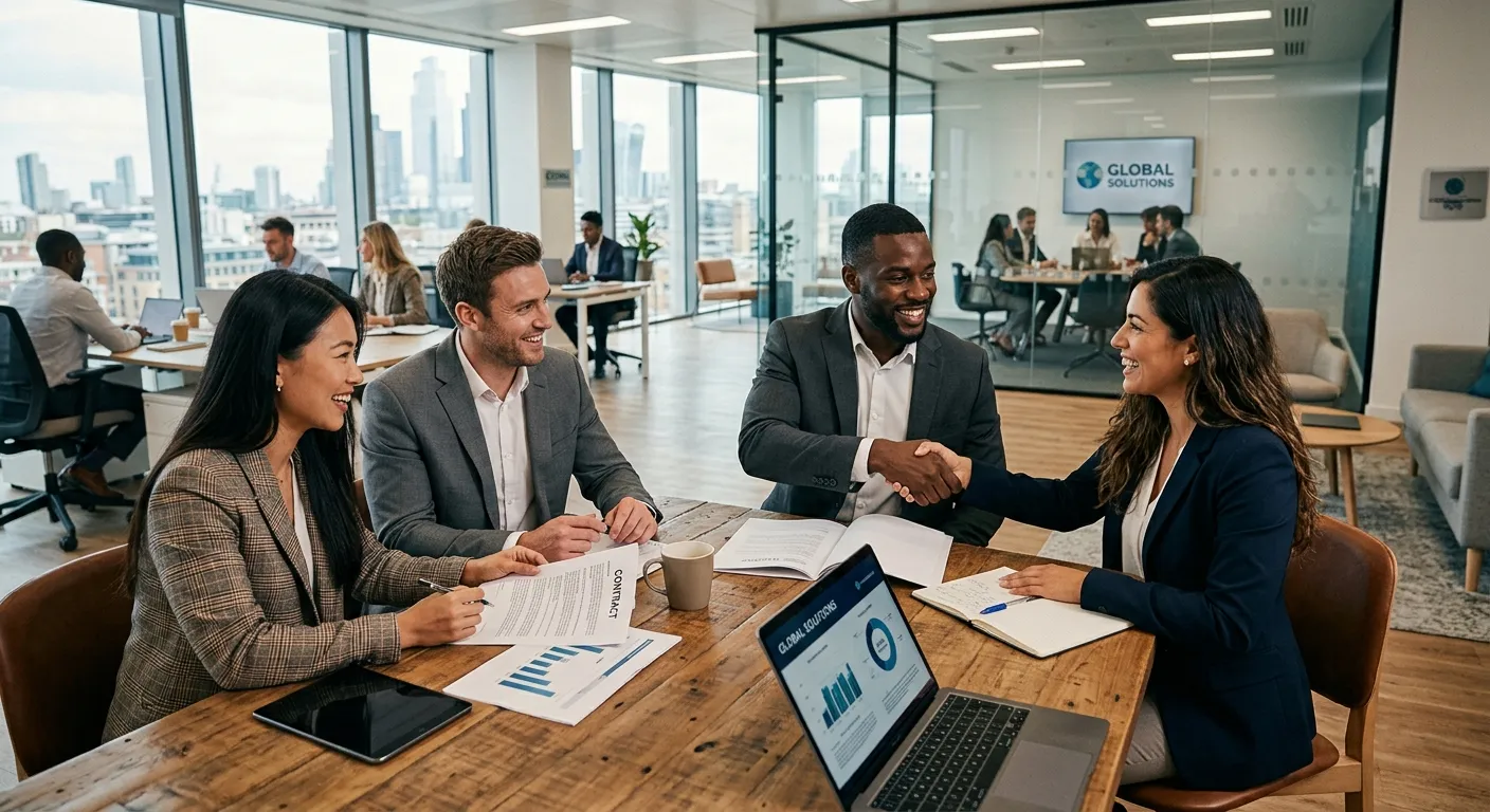 A dynamic, professional hero image showing a diverse group of business managers and agency candidates in a modern office setting, shaking hands and reviewing documents together. The mood is collaborative, successful, and forward-thinking. Style: Modern corporate photography with a slight cinematic filter.