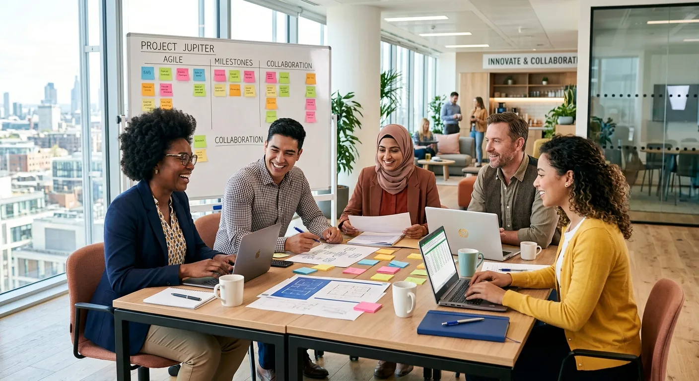 A diverse group of professional temporary workers in a modern office setting, collaborating on a project. Style: Bright, optimistic, professional. Mood: Energetic, productive, and inclusive.