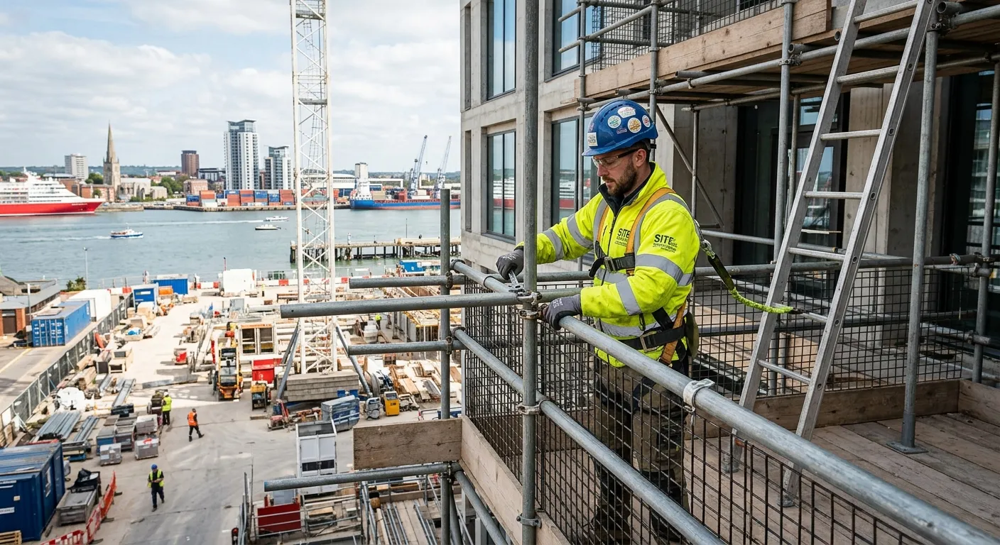A professional scaffolder in full PPE, safely assembling a robust scaffold system on a commercial building site in Southampton, with the city's skyline visible in the background. The image conveys competence, safety, and skilled labour.