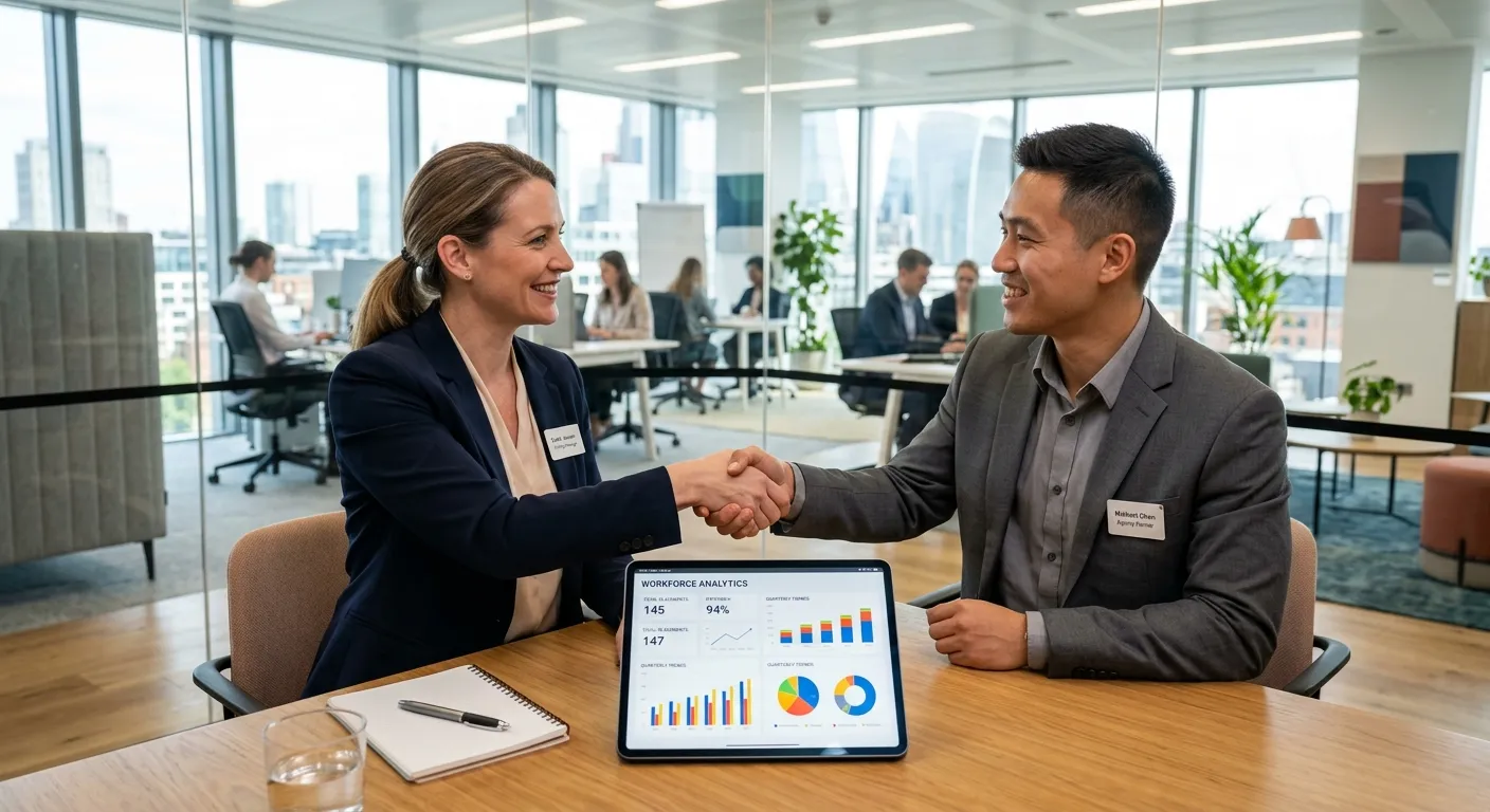 A modern, professional office environment. A hiring manager and a temporary agency representative sh... A modern, professional office environment. A hiring manager and a temporary agency representative shake hands over a tablet showing workforce analytics. The mood is collaborative, efficient, and forward-thinking. Style: Bright, clean, with a focus on people and technology.