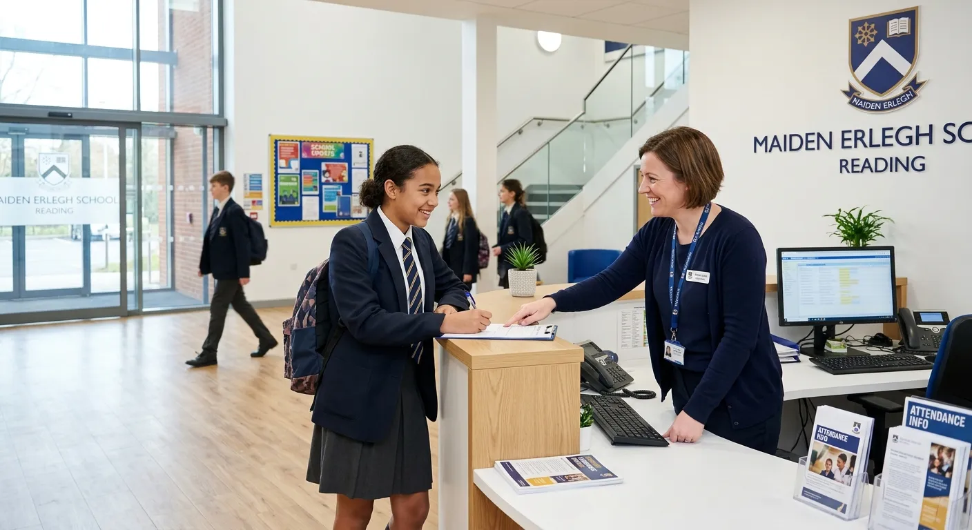 A professional, welcoming image of a modern school reception area in Reading, with a friendly admin staff member helping a student at the desk. Bright, clean, and organised atmosphere.