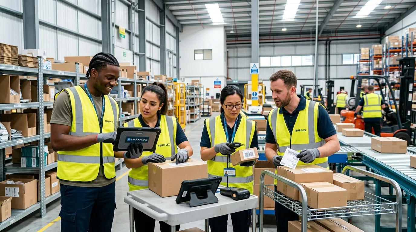 A dynamic, professional hero image showing a diverse group of temporary workers collaborating in a modern, bright warehouse or office setting. The mood is energetic, efficient, and forward-thinking, with a focus on teamwork and technology.