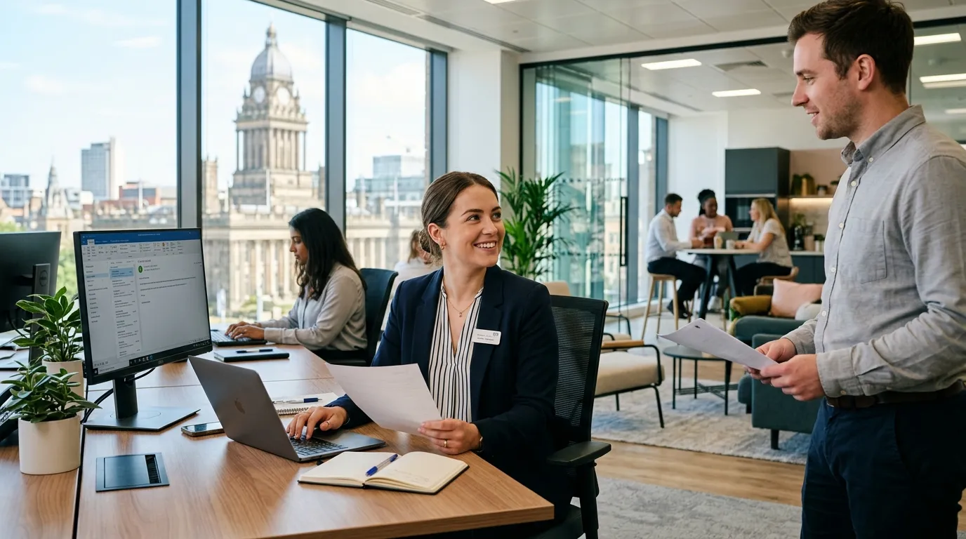 A dynamic, professional hero image showing a friendly Office Assistant working efficiently in a modern Leeds office environment, with Leeds Town Hall or the city skyline subtly visible through a window. The image should convey organisation, teamwork, and a professional yet welcoming atmosphere.