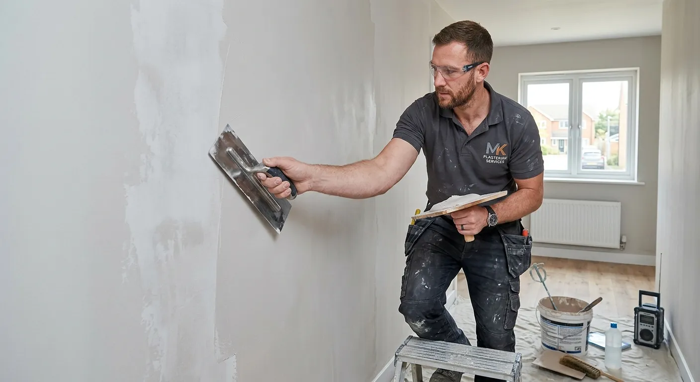 A professional plasterer in Milton Keynes applying a smooth finish to a freshly skimmed wall in a modern residential property, showcasing skill and precision. The image should convey a clean, professional, and trustworthy tradesperson at work.