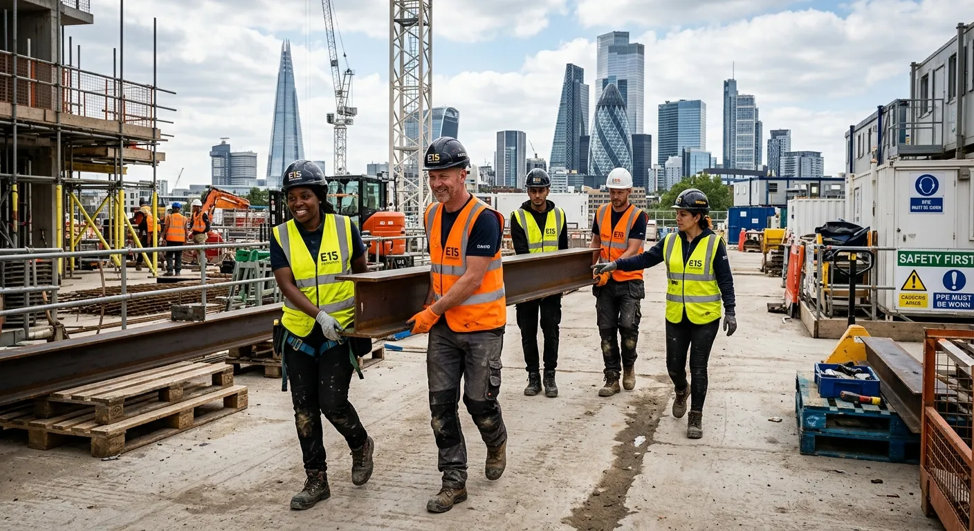 A professional, diverse team of construction labourers on a busy London E15 building site, working together to move materials, wearing high-visibility vests and hard hats, with modern London skyline in the background. The style should be realistic, inspiring, and convey teamwork and professionalism.