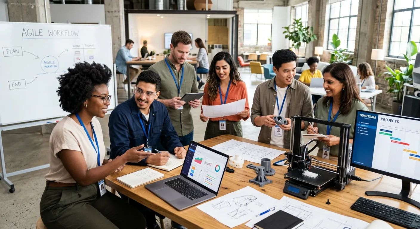 A modern, diverse group of professional temporary workers in a collaborative office/workshop setting, looking engaged and capable. Style is bright, professional, and forward-looking, with a focus on teamwork and skilled labour.