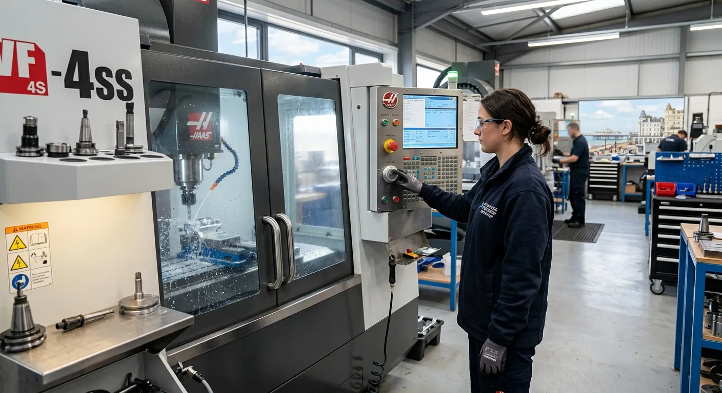 A professional, well-lit photograph of a skilled CNC machine operator in a modern workshop environment, focused on operating a CNC milling machine control panel. The setting should be clean, industrial, and located in the Brighton area, with the operator wearing appropriate safety gear.