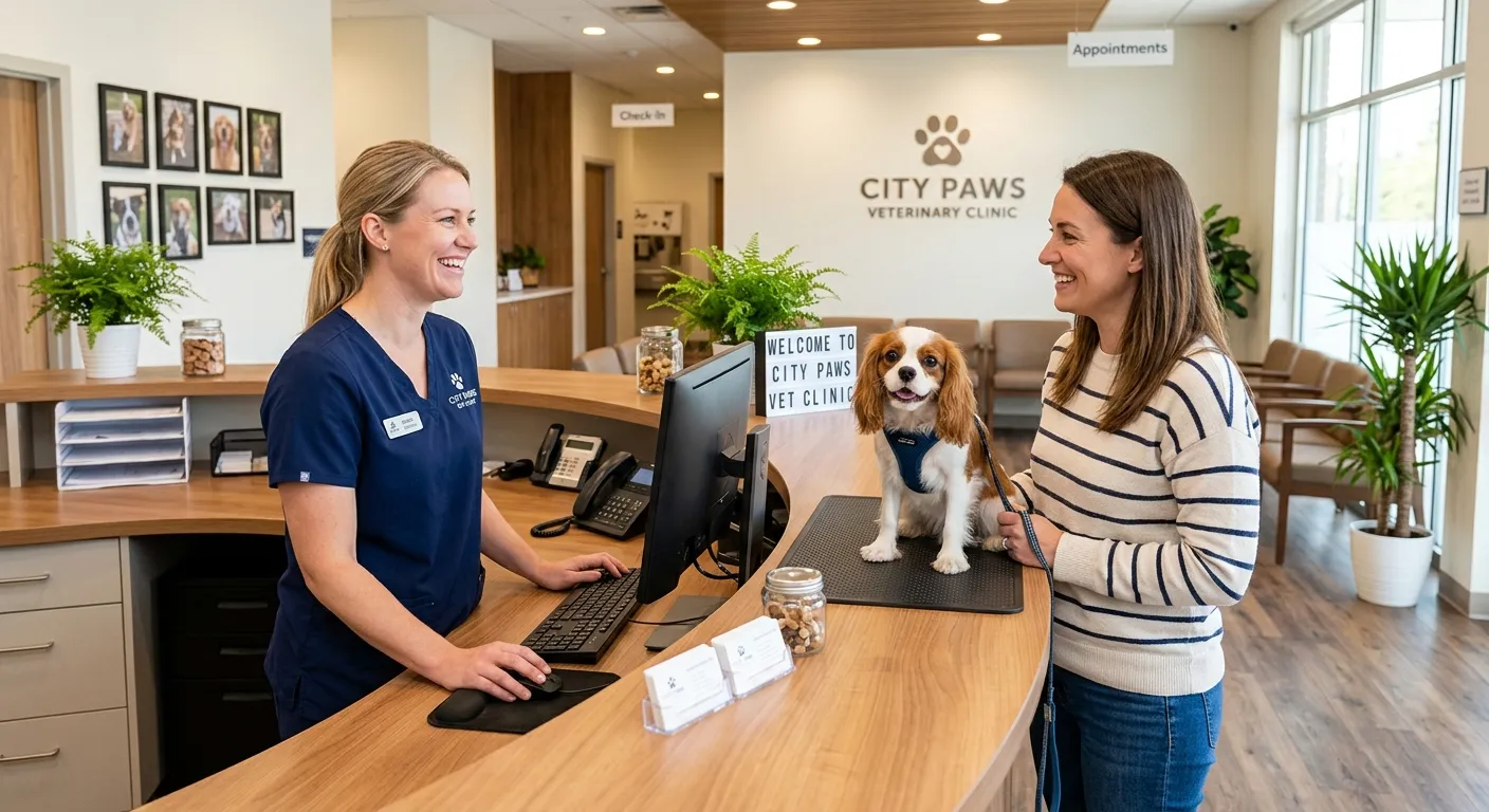 A professional, welcoming veterinary clinic reception area. A friendly, well-dressed receptionist is smiling while helping a client with a small dog on the counter. The image is bright, clean, and conveys a sense of organized, compassionate care.