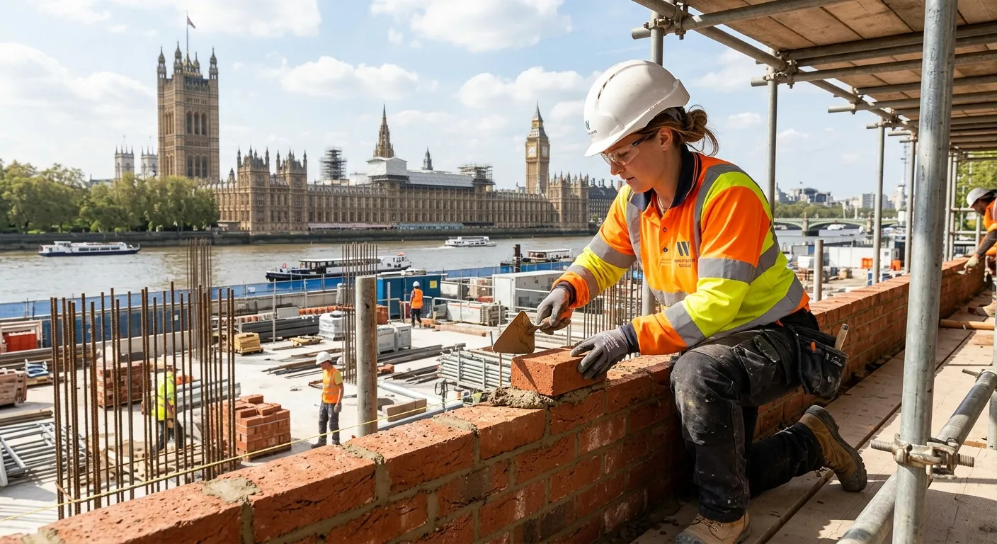 A professional bricklayer in high-visibility gear, expertly laying bricks on a modern construction site in Westminster, London. The sun is shining, the site is clean and organised, and the Houses of Parliament are visible in the background. Style: professional, realistic, inspiring.
