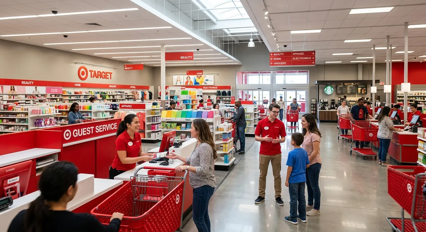 A modern, well-lit Target store interior with employees in red shirts assisting customers, showcasing a professional retail environment. Style: professional stock photo, mood: welcoming and efficient.
