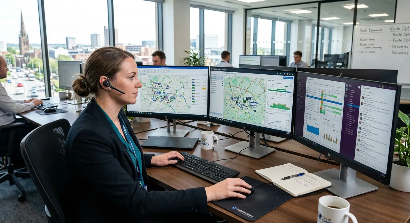 Professional hero image depicting a modern transport planner at work, using software to manage logis... Professional hero image depicting a modern transport planner at work, using software to manage logistics on a multi-screen setup in a bright Coventry office. The mood is efficient, strategic, and professional.