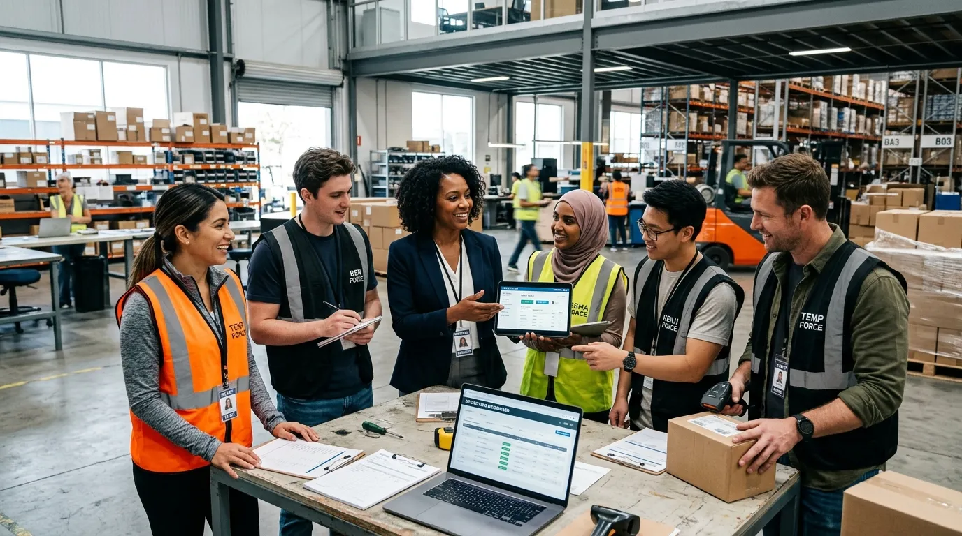 A dynamic, professional hero image showing a diverse group of temporary workers and a manager collaborating in a modern office/warehouse hybrid space. The mood is energetic, efficient, and solution-oriented, with a focus on connection and action.