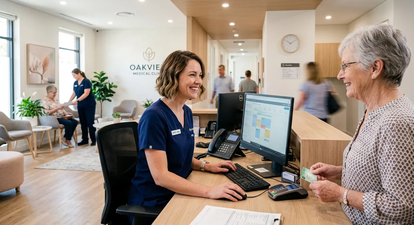 A professional, high-energy photo of a modern medical clinic reception area. A friendly, competent temporary medical receptionist in professional attire is assisting a patient at the front desk, smiling and using a computer. The image conveys efficiency, warmth, and a seamless healthcare environment.