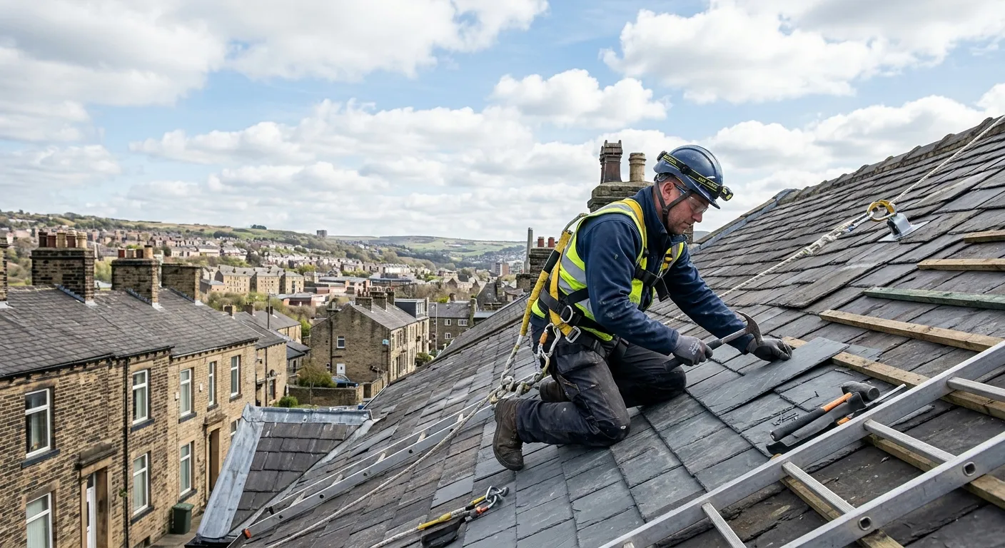 Professional roofer at work on a pitched roof in Halifax, wearing safety harness, against a bright s... Professional roofer at work on a pitched roof in Halifax, wearing safety harness, against a bright sky, showcasing skilled trade work.