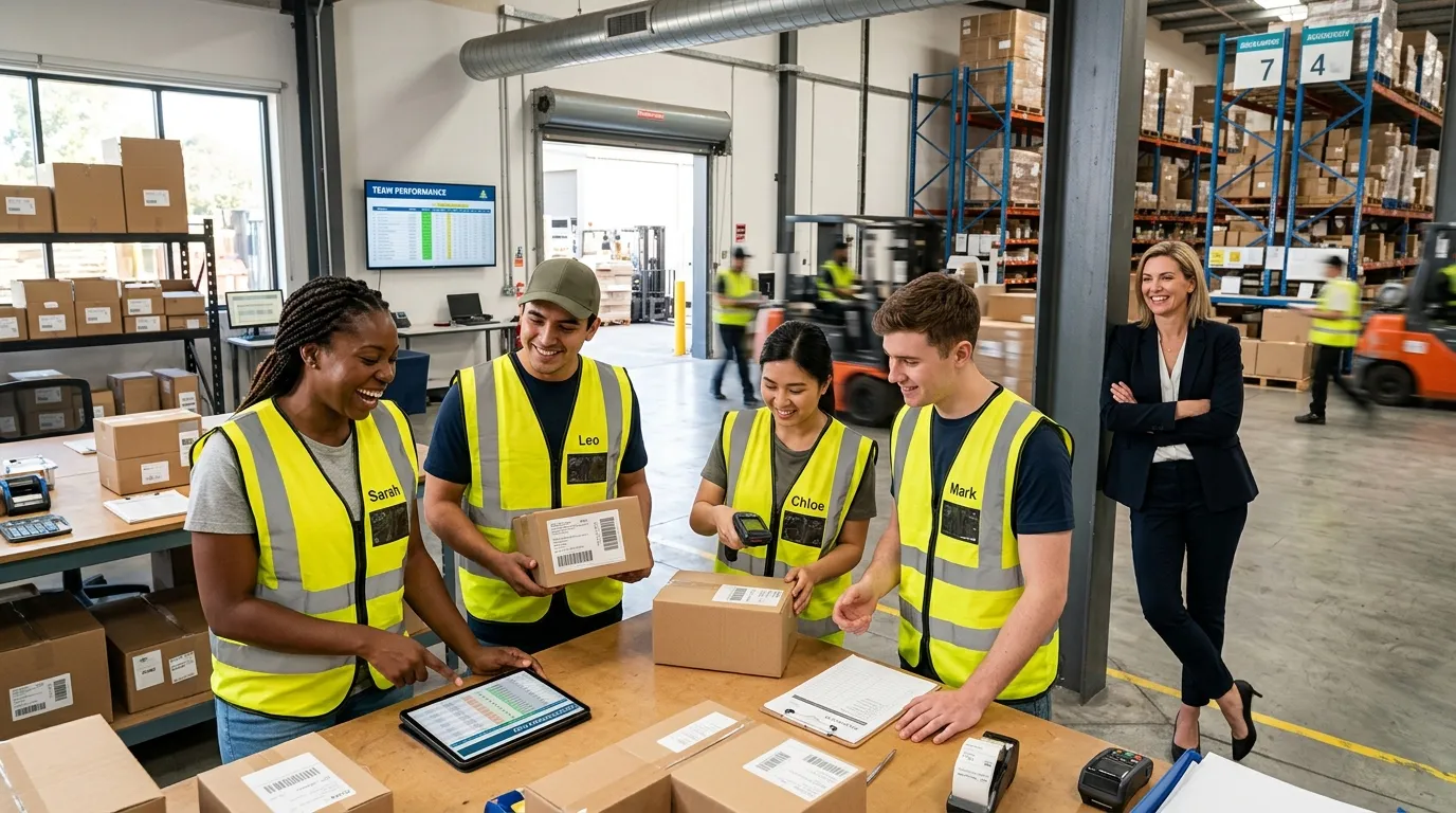 A dynamic, professional hero image showing a diverse team of temporary workers collaborating in a modern office and warehouse environment, with a manager looking satisfied. The mood is energetic, efficient, and solution-oriented.