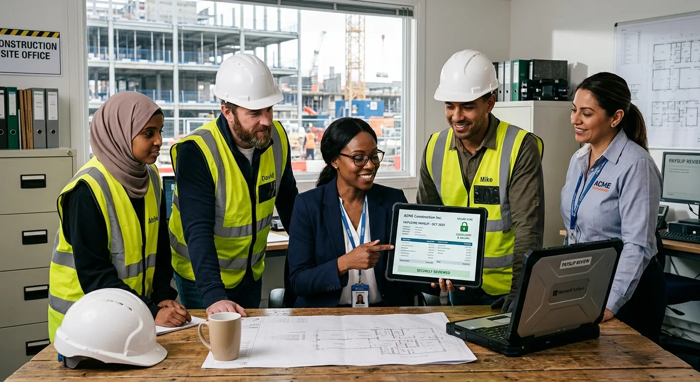 A professional, high-contrast image of a diverse team of construction workers and office staff reviewing digital payslips on a tablet at a modern construction site office. Style: Professional, confident, with a focus on technology and compliance. Mood: Secure, efficient, and trustworthy.