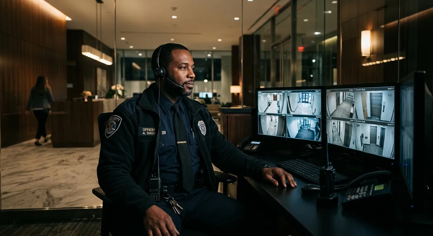 Professional security guard in a modern office lobby, wearing a crisp uniform, observing monitors with a calm, vigilant expression. Moody, professional lighting, focus on authority and safety.