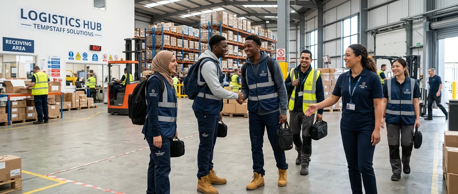 A dynamic, professional hero image showing a diverse group of temporary workers arriving on-site, shaking hands with a manager in a modern warehouse or office setting, conveying urgency, reliability, and seamless integration. Style: High-energy, bright, professional corporate photography.