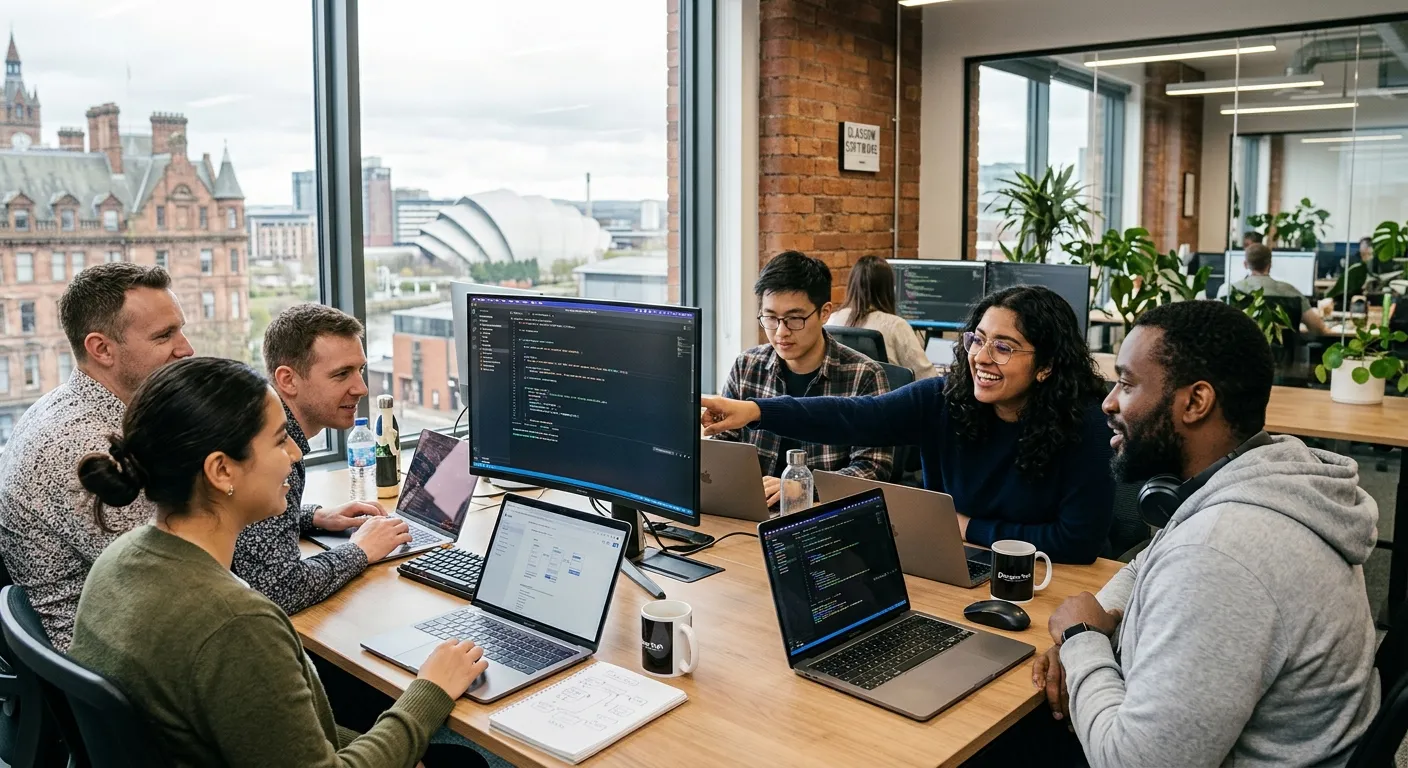 A professional, modern photo of a diverse software development team collaborating in a bright, open-plan office in a Glasgow city centre setting, with laptops and code on screens visible. Style: Professional, welcoming, tech-focused mood.