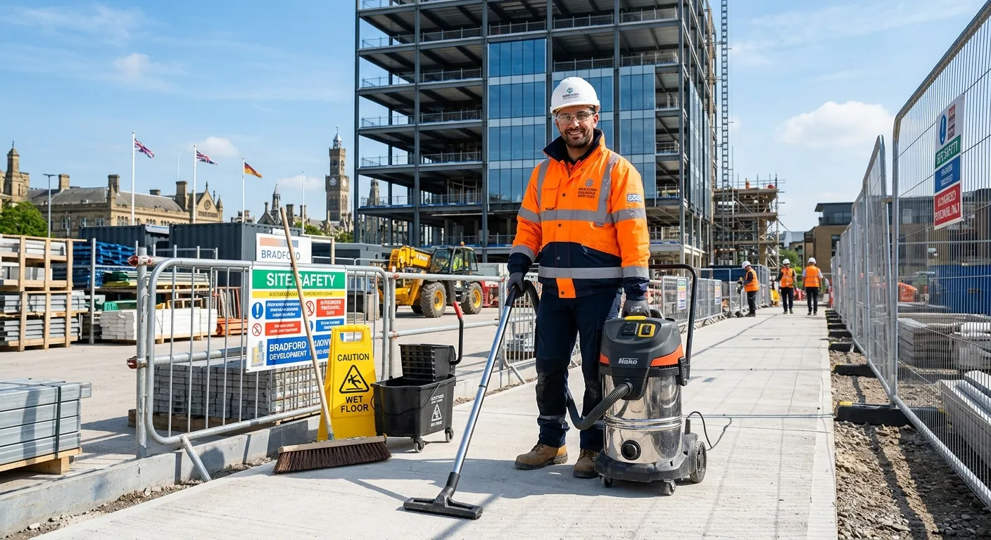 A professional, confident construction site cleaner in high-visibility PPE, holding industrial cleaning equipment, standing on a clean, organised construction site in Bradford. Bright, clear, and aspirational style.