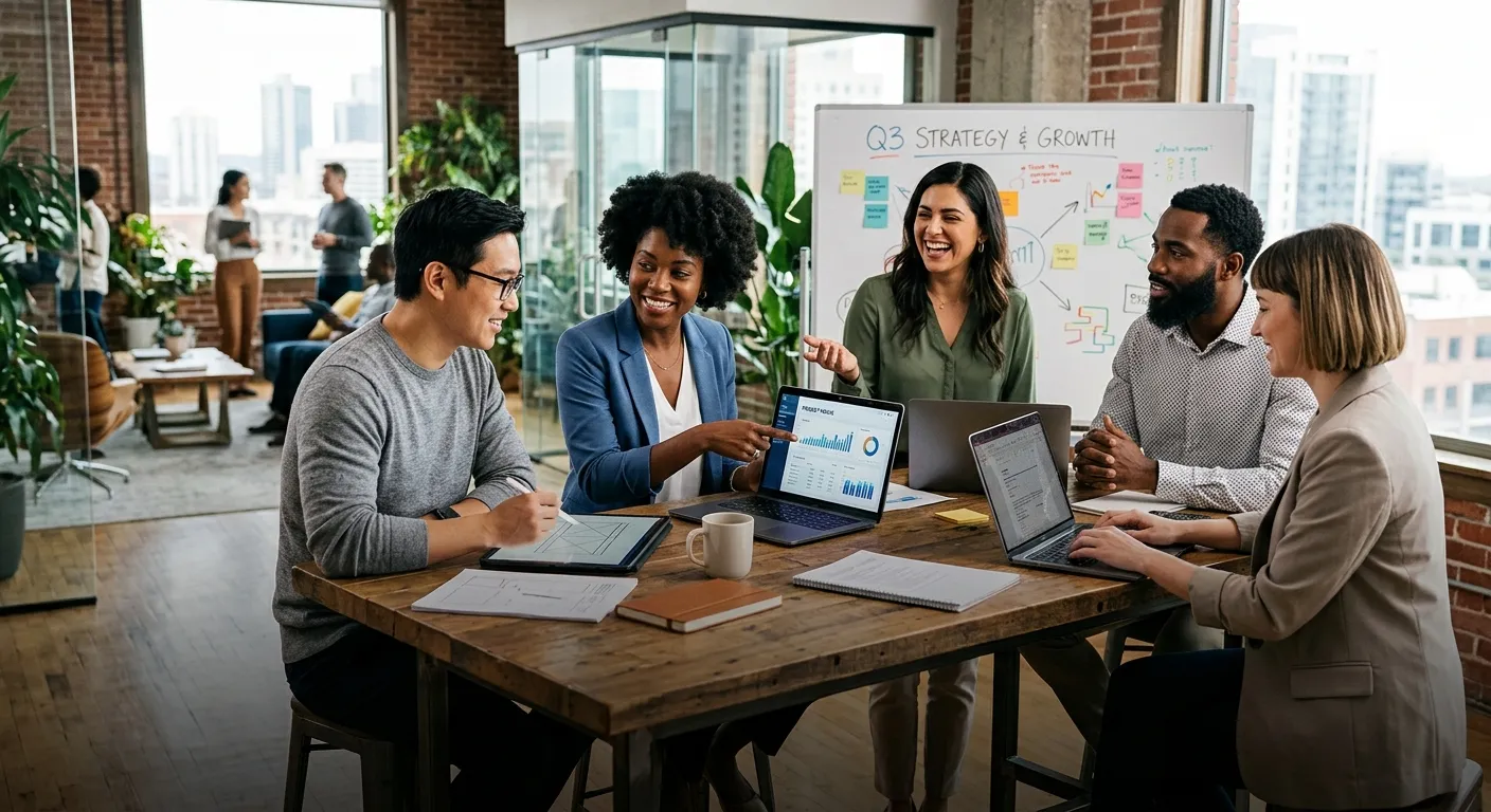 A dynamic, professional photo of a diverse team collaborating in a modern office. The style should be bright, aspirational, and high-contrast, with a focus on teamwork and technology. Overlay a subtle dark gradient for text readability.