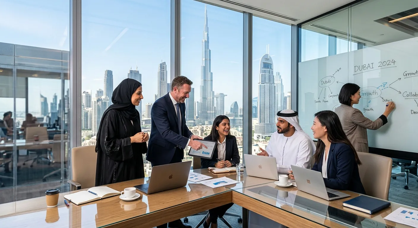 A modern, professional business scene in Dubai, featuring a diverse group of professionals collaborating in a sleek office with the Burj Khalifa visible through a window. Style is bright, optimistic, and high-contrast.
