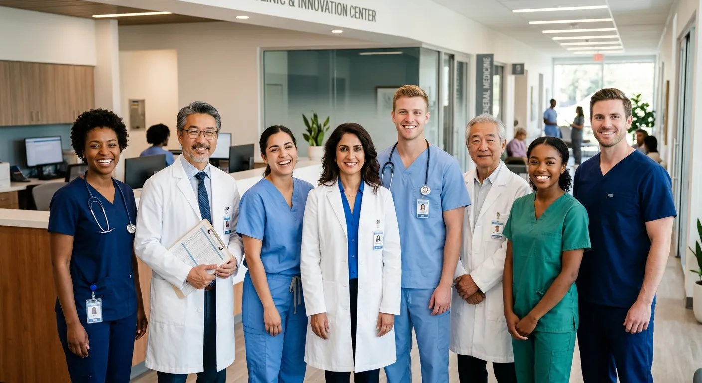 A diverse, professional team of healthcare workers in scrubs and lab coats, smiling confidently in a modern clinic setting. Style: Bright, warm, and inviting. Mood: Trustworthy, competent, and collaborative.