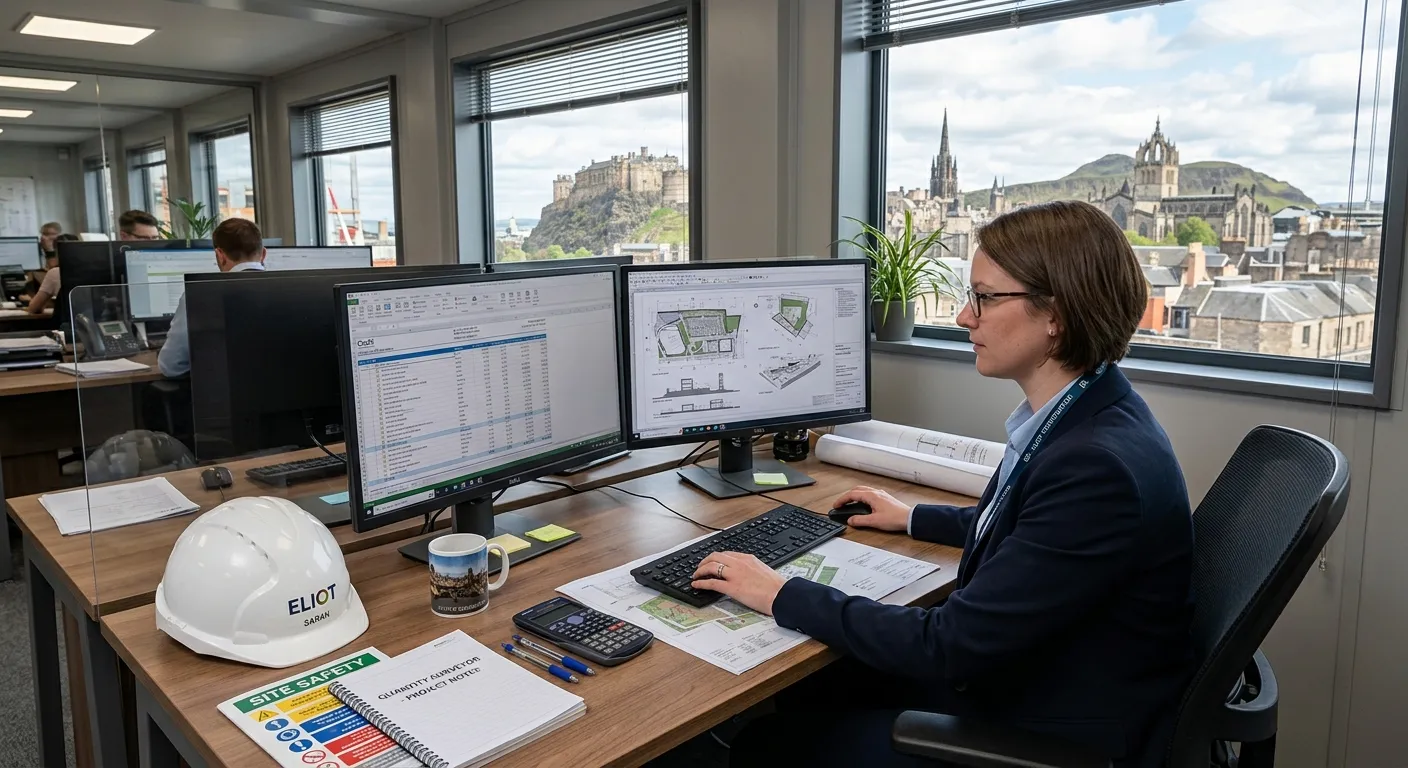 A professional Quantity Surveyor at a site office desk, with dual monitors showing CostX software and project plans, a hard hat on the desk, and the Edinburgh cityscape visible through the window.