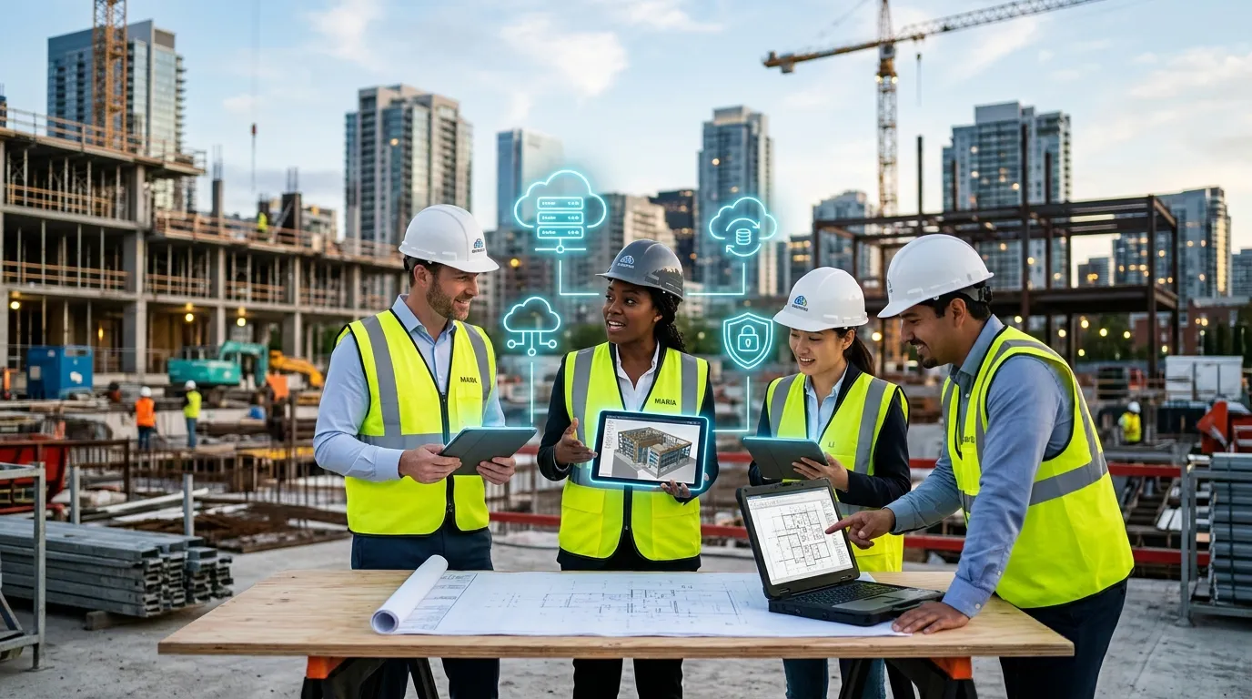A dynamic, modern hero image showing a diverse team collaborating on a construction site blueprint via tablets and laptops, with cloud infrastructure icons subtly overlaid. Professional, bright, and future-oriented style.