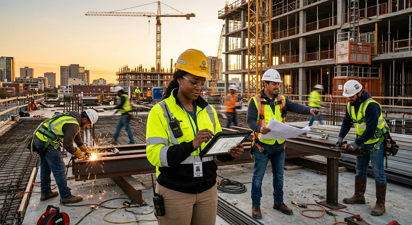 A dynamic, high-energy construction site at golden hour, showing a diverse team of skilled workers collaborating safely. A site manager looks at a digital tablet, symbolizing modern, tech-driven staffing. Style: Professional, vibrant, with a focus on human efficiency and technology.