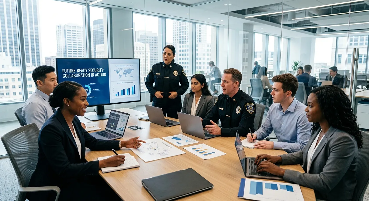 A professional, diverse group of office professionals and security personnel in a modern business se... A professional, diverse group of office professionals and security personnel in a modern business setting, engaged in a training session or collaborative meeting. Style: Bright, high-contrast professional photography with a focus on competence and teamwork. Mood: Authoritative, dynamic, and forward-thinking.