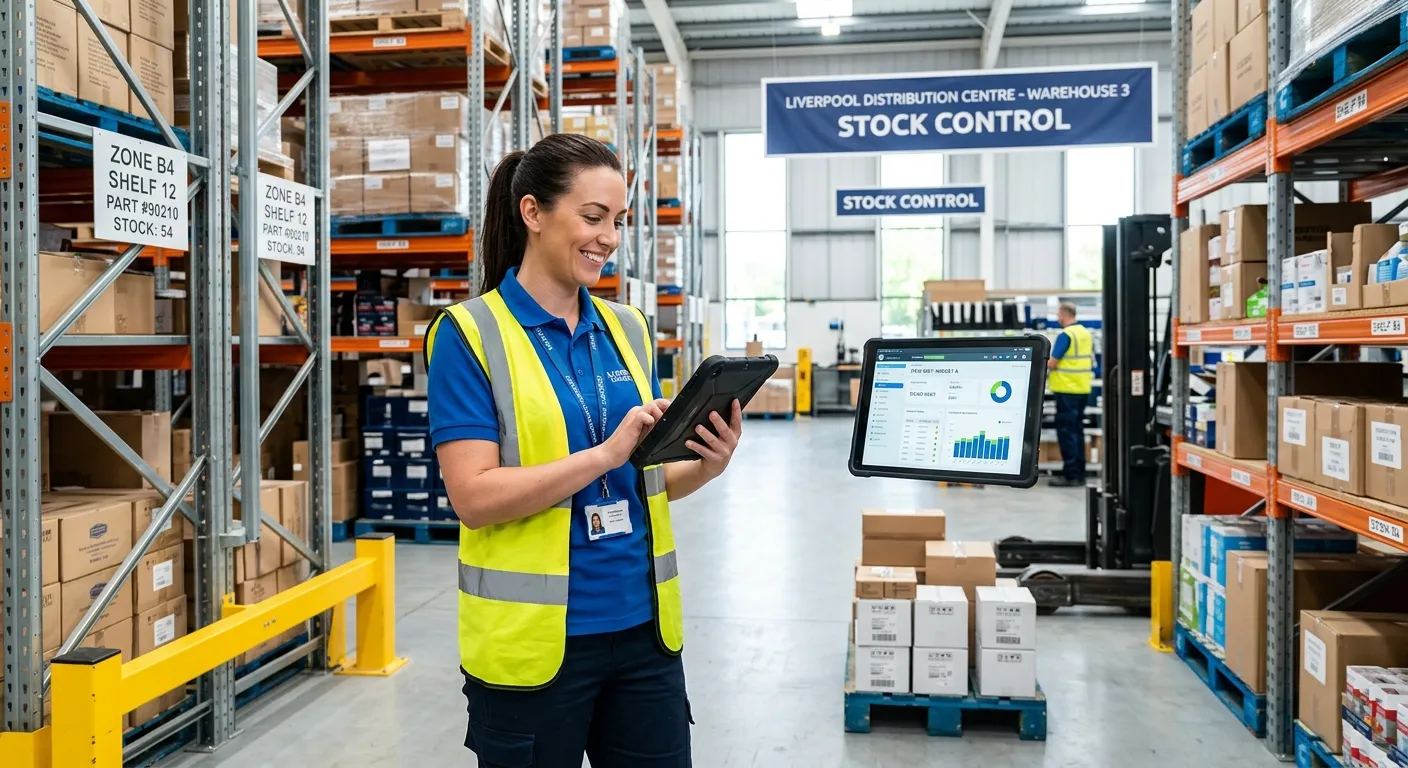 A professional, friendly-looking Inventory Clerk in a modern, organised warehouse in Liverpool, chec... A professional, friendly-looking Inventory Clerk in a modern, organised warehouse in Liverpool, checking stock on a tablet. Bright, clean, and energetic mood.