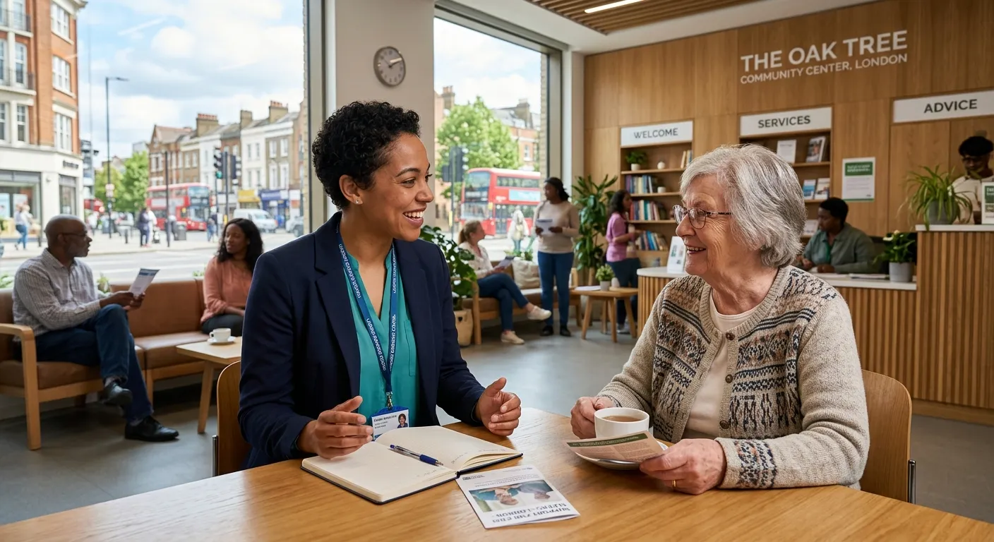 A professional, confident Social Worker smiling while speaking with an elderly client in a modern, w... A professional, confident Social Worker smiling while speaking with an elderly client in a modern, well-lit community centre in London. The image conveys empathy, professionalism, and a supportive environment.