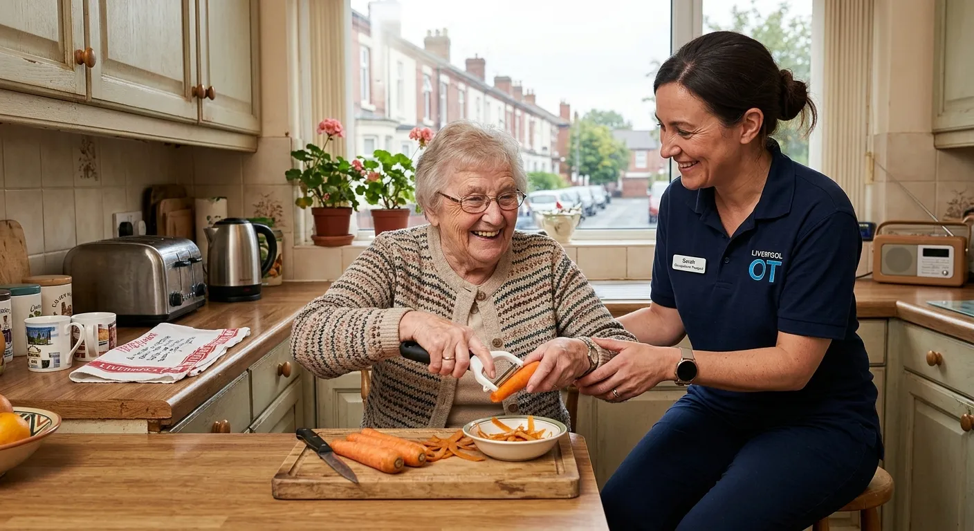 A professional Occupational Therapist in a client's home in Liverpool, demonstrating the use of a kitchen aid to a smiling elderly person. The image should feel warm, empowering, and focused on practical assistance.