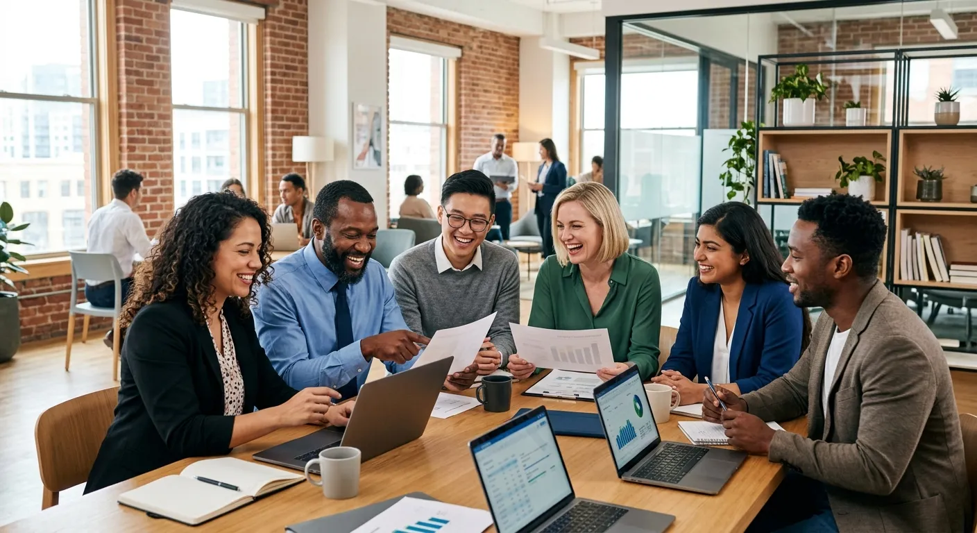A diverse group of professional temporary workers in a modern office setting, smiling and collaborat... A diverse group of professional temporary workers in a modern office setting, smiling and collaborating. Style: Professional, bright, and energetic. Mood: Productive and reliable.