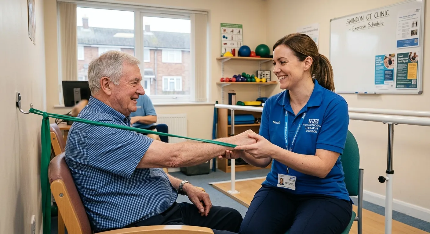A professional, smiling Occupational Therapist in a clinical setting in Swindon, assisting a client... A professional, smiling Occupational Therapist in a clinical setting in Swindon, assisting a client with upper limb exercises. Warm, trustworthy, and local mood.